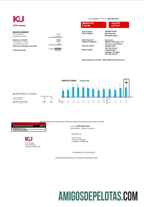 imprimível Modelo de conta de serviços públicos de eletricidade dos EUA Kentucky em formato Word e PDF
